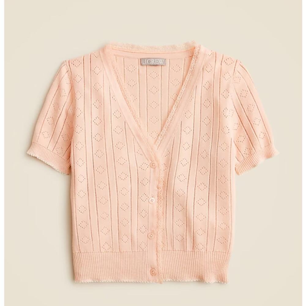 J.Crew Pointelle Short Sleeve V-neck Cardigan SZ 2XS Pink Lace Trim Cropped Fit